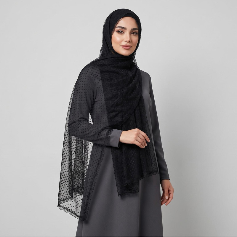 شال زنانه مدل توری خالخالی دور دانتل دار تابستانی