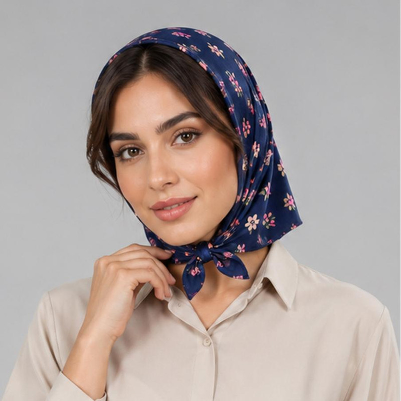 روسری نخ زنانه مدل مینی اسکارف نخی طرح گل گلی سنتی با طول و عرض 65x65 سانتی‌متر