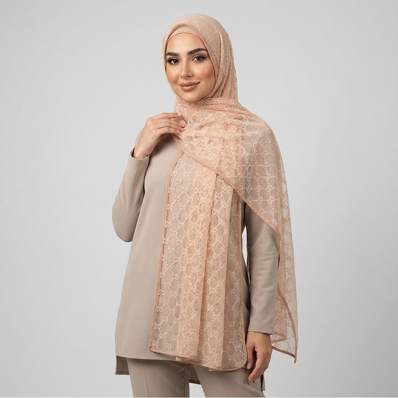 شال زنانه مدل توری گیپور زنجیری مجلسی دور نوار دوزی
