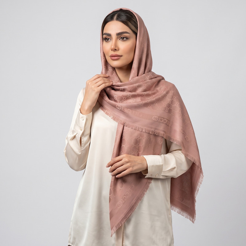 روسری زنانه مدل نخی ژاکارد دور ریش طرح زنجیری اداری رسمی دورو چهارفصل قواره ۱۴۰