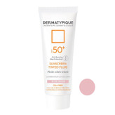 فلوئید ضدآفتاب رنگی درماتیپیک، 50 SPF، مدل TINTED FLUID، مناسب پوست مختلط تا چرب تنالیته رنگ خیلی روشن و حجم 50 میلیلیتر، محافظت کننده در برابر اشعه UVA، UVB، IR، ضد آب، فاقد چربی، محافظ DNA سلولی، تنظیم کننده چربی و ضد پیری پوست، با ماندگاری 2 ساعته