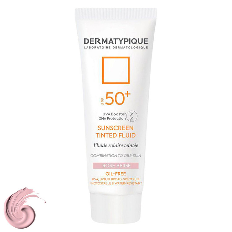 فلوئید ضدآفتاب رنگی درماتیپیک، 50 SPF، مدل TINTED FLUID، مناسب پوست مختلط تا چرب تنالیته رنگ خیلی روشن و حجم 50 میلیلیتر، محافظت کننده در برابر اشعه UVA، UVB، IR، ضد آب، فاقد چربی، محافظ DNA سلولی، تنظیم کننده چربی و ضد پیری پوست، با ماندگاری 2 ساعته