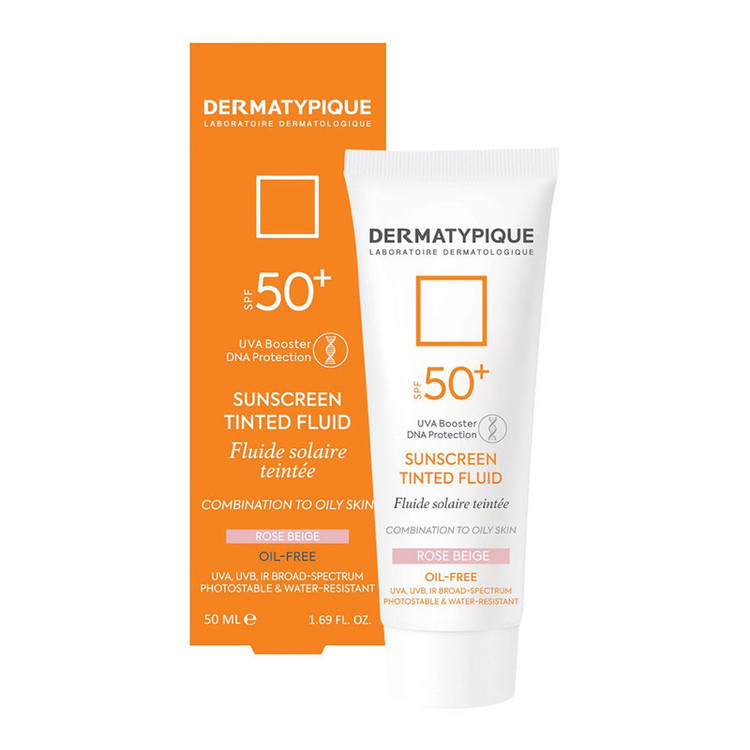 فلوئید ضدآفتاب رنگی درماتیپیک، 50 SPF، مدل TINTED FLUID، مناسب پوست مختلط تا چرب تنالیته رنگ خیلی روشن و حجم 50 میلیلیتر، محافظت کننده در برابر اشعه UVA، UVB، IR، ضد آب، فاقد چربی، محافظ DNA سلولی، تنظیم کننده چربی و ضد پیری پوست، با ماندگاری 2 ساعته