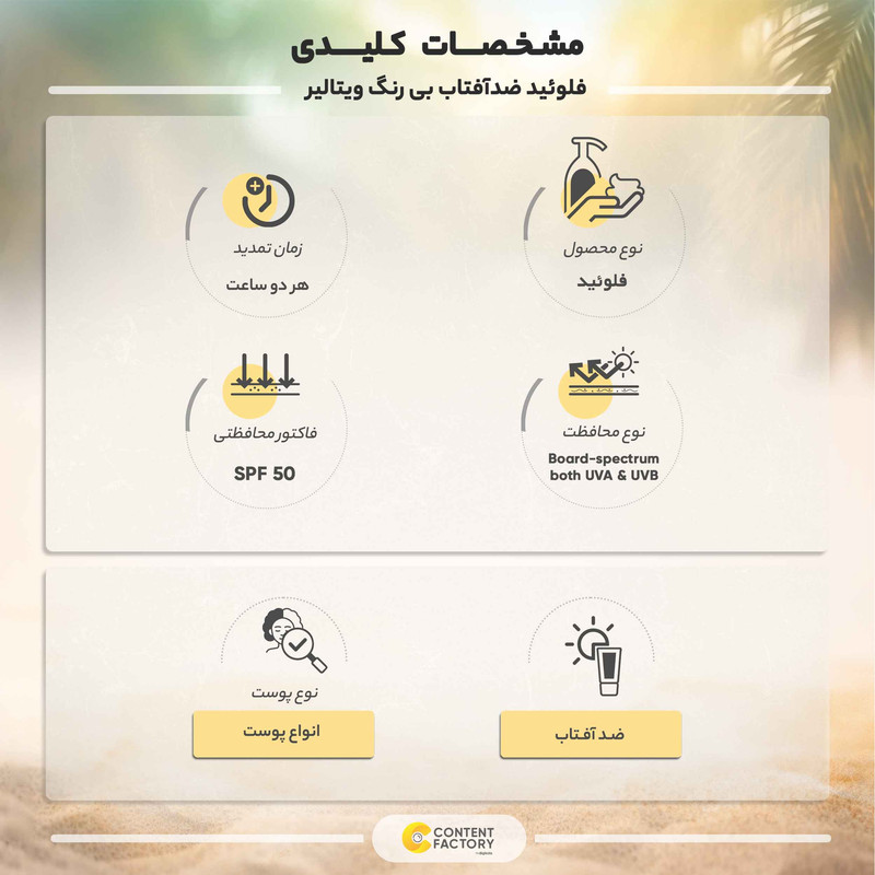 فلوئید ضدآفتاب بیرنگ ویتالیر SPF50 مدل Vitamin C مناسب انواع پوست، حجم 50 میلیلیتر