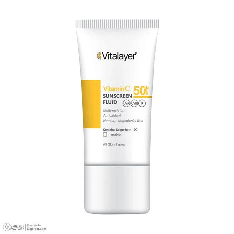 فلوئید ضدآفتاب بیرنگ ویتالیر SPF50 مدل Vitamin C مناسب انواع پوست، حجم 50 میلیلیتر
