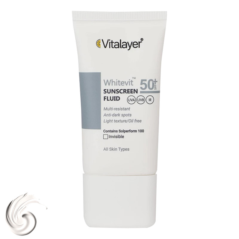 فلوئید ضدآفتاب بیرنگ ویتالیر SPF50 مدل Whitevit مناسب انواع پوست، حجم 50 میلیلیتر