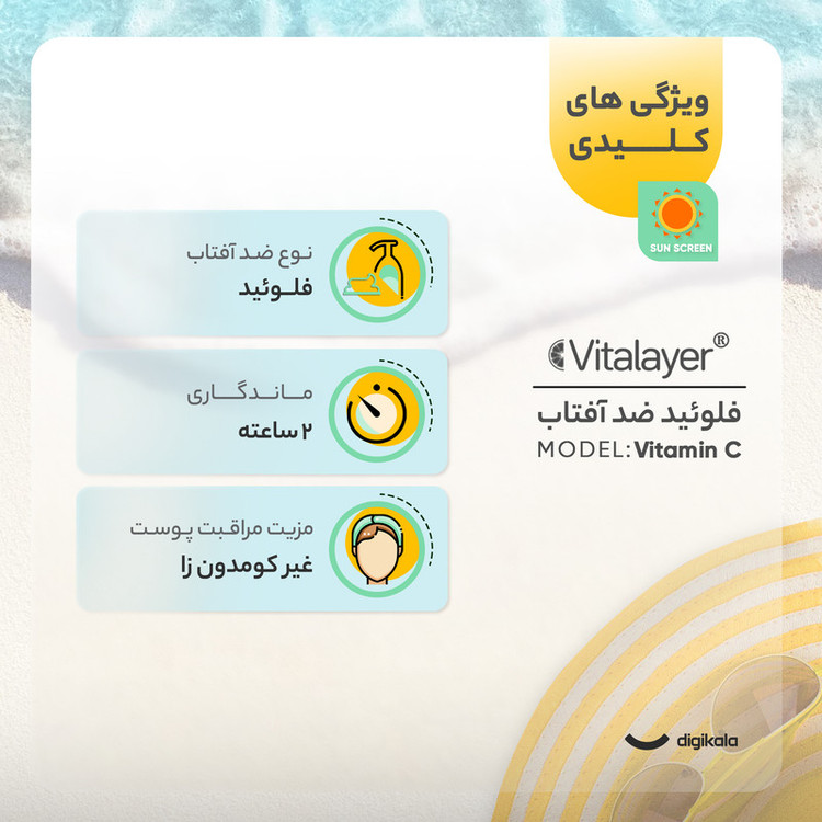 فلوئید ضدآفتاب رنگی ویتالیر، 50 SPF، مدل Vitamin C، مناسب انواع پوست تنالیته رنگ متوسط و حجم 50 میلیلیتر، ضد آب، محافظت کننده در برابر اشعه UVA، UVB، IR، آنتیاکسیدان، فاقد چربی و پارابن، ضد لک، آبرسان، دارای فرمولاسیون غیرکومدونزا، با ماندگاری 2 ساعته