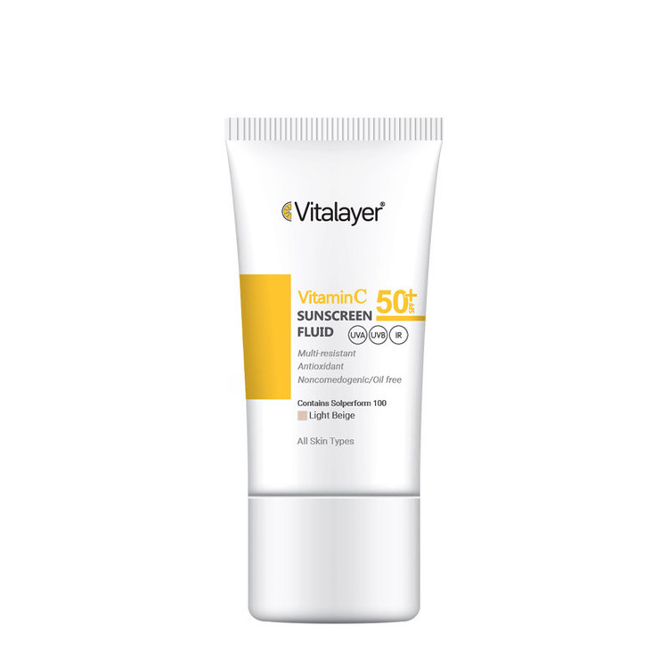 فلوئید ضدآفتاب رنگی ویتالیر، 50 SPF، مدل Vitamin C، مناسب انواع پوست تنالیته رنگ متوسط و حجم 50 میلیلیتر، ضد آب، محافظت کننده در برابر اشعه UVA، UVB، IR، آنتیاکسیدان، فاقد چربی و پارابن، ضد لک، آبرسان، دارای فرمولاسیون غیرکومدونزا، با ماندگاری 2 ساعته