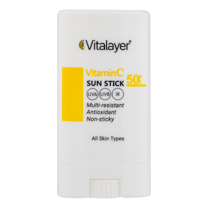 استیک ضد آفتاب بی‌رنگ صورت ویتالیر SPF 50 مدل Vitamin C ‌محافظ در برابر اشعه UVA و UVB مناسب برای انواع پوست حجم 20 میلی‌لیتر