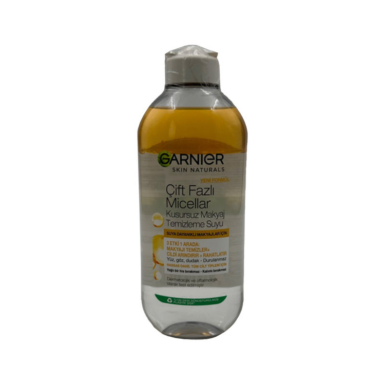محلول پاک کننده آرایش صورت گارنیه مدل Cift fazli micellar حجم 400 میلی لیتر