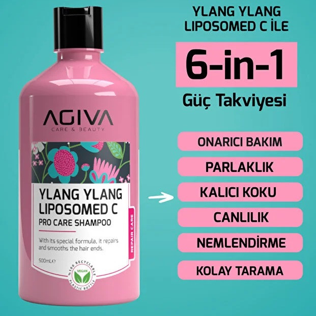 شامپو مو آگیوا مدل YLANG YLANG LIPOSOMED C مناسب برای موهای آسیب دیده حجم 500 میلی لیتر