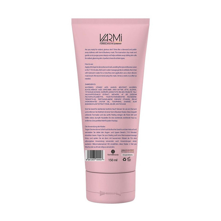 ماسک کرمی صورت و بدن وارمی مدل بلوبری 150 میلیلیتر با خاصیت آبرسانی، روشنکننده و پاکسازی عمقی منافذ، حاوی ویتامین C، کائولین و بنتونیت، مناسب انواع پوست و پوستهای خشک