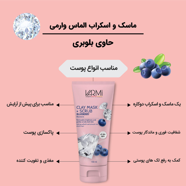 ماسک کرمی صورت و بدن وارمی مدل بلوبری 150 میلیلیتر با خاصیت آبرسانی، روشنکننده و پاکسازی عمقی منافذ، حاوی ویتامین C، کائولین و بنتونیت، مناسب انواع پوست و پوستهای خشک